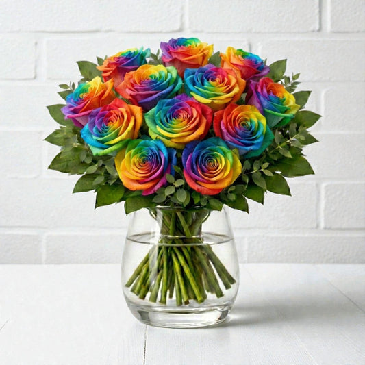 12 Rainbow Rose Vase Arrangement