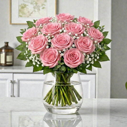 12 Pink Rose Premium Vase Arrangement