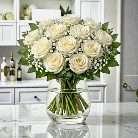 12 White Rose Premium Vase Arrangement