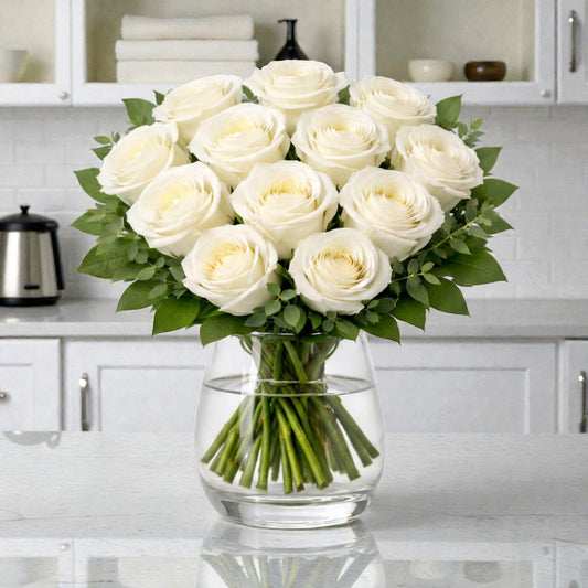 12 White Rose Vase Arrangement