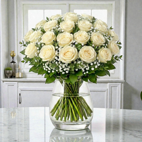 24 White Rose Premium Vase Arrangement