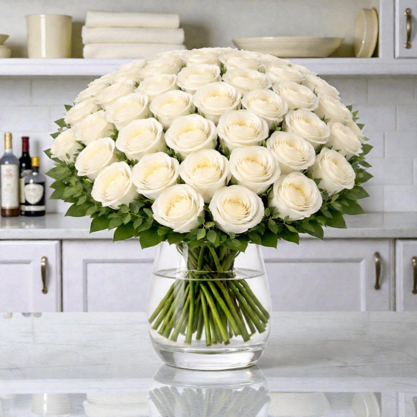 50 White Rose Vase Arrangement
