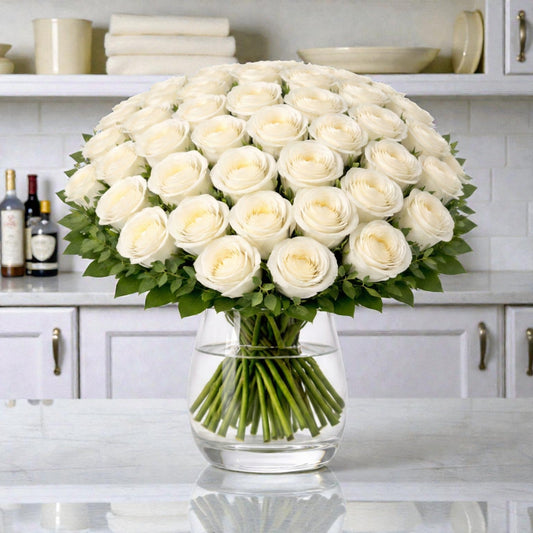 50 White Rose Vase Arrangement