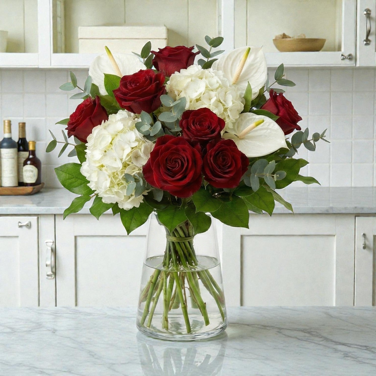 Rose, Hydrangea and Anthurium Vase Arrangement