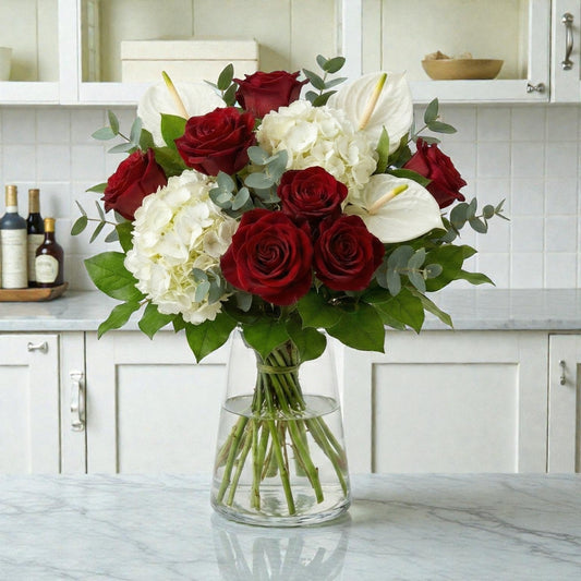 Rose, Hydrangea and Anthurium Vase Arrangement