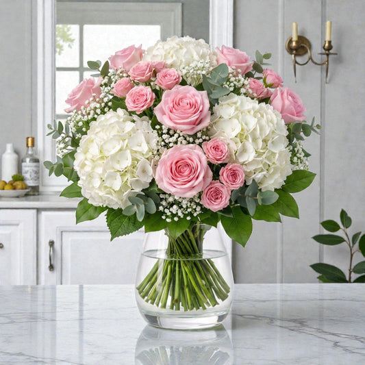 Pastel Rose & Hydrangea Vase Arrangement