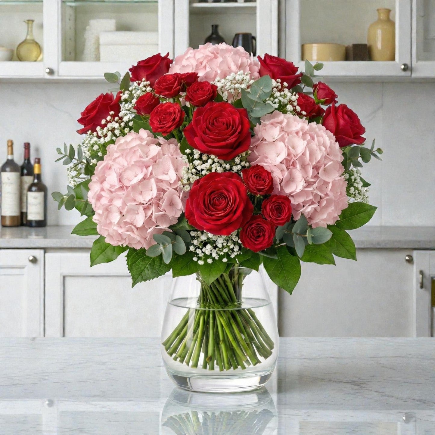 Red Rose & Hydrangea Vase Arrangement